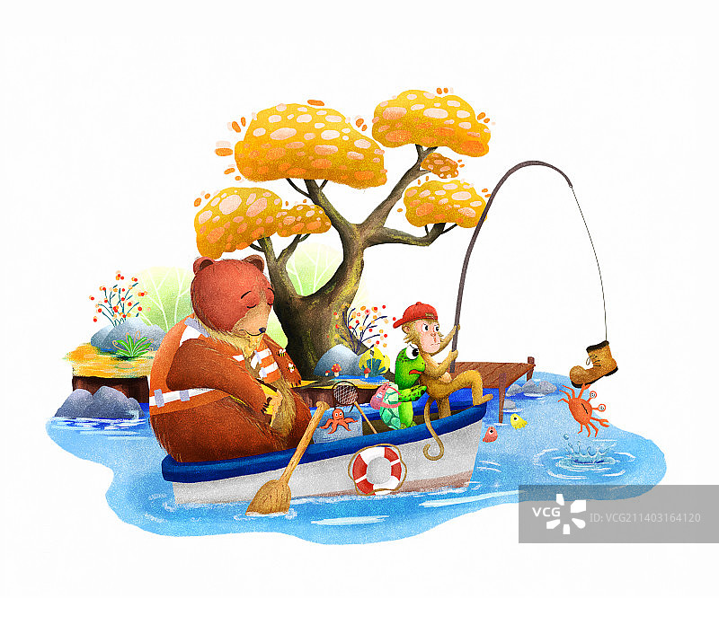 秋天懒熊猴子乌龟钓鱼划船树木手绘插画图片素材