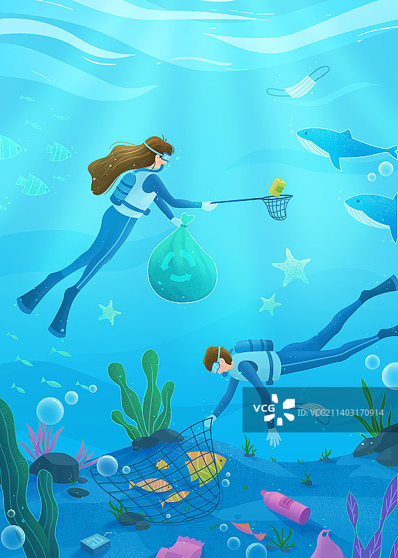 潜水员在海底捡垃圾环保扁平肌理插画图片素材