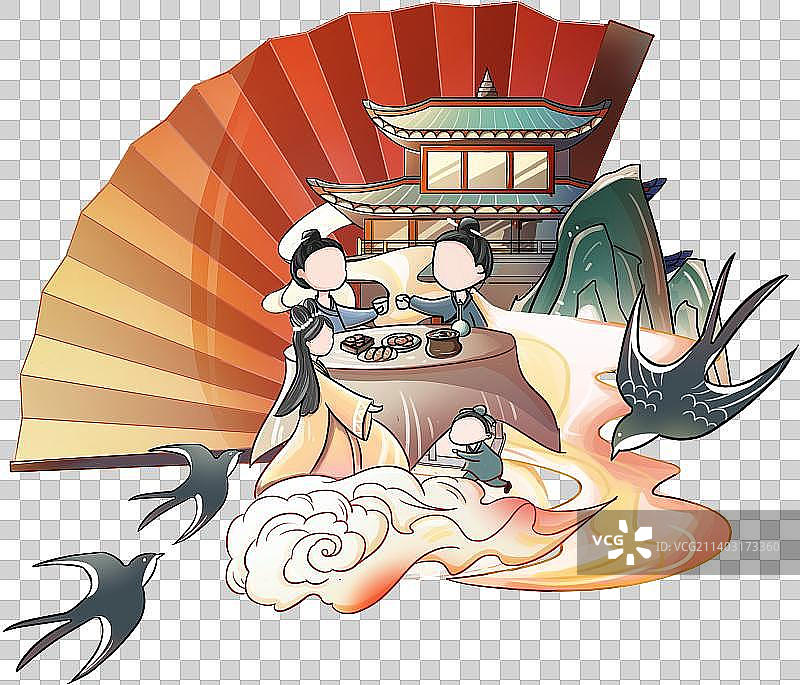 国潮风插画喜庆团圆饭人物图片素材