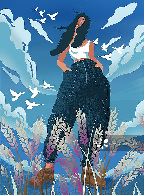 蓝天白云下享受大自然迎着风站在麦穗前的长发插兜女人图片素材