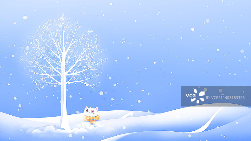 蓝色唯美梦幻冬季雪中猫与树插画图片素材