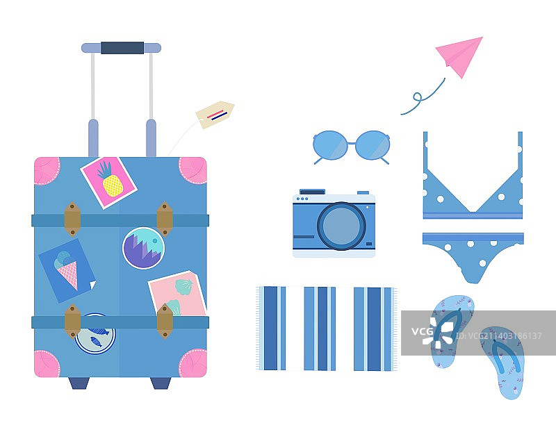 旅行物品元素蓝色系扁平插画图片素材