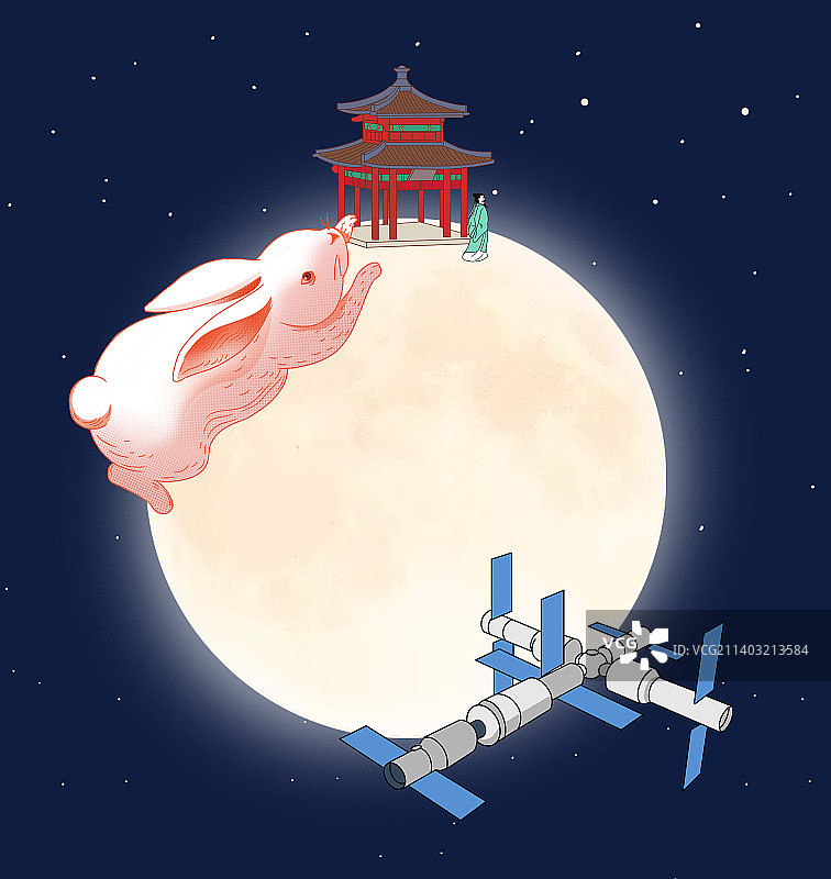 节日节气中秋节月亮兔子传统和科技空间站创意插画图片素材