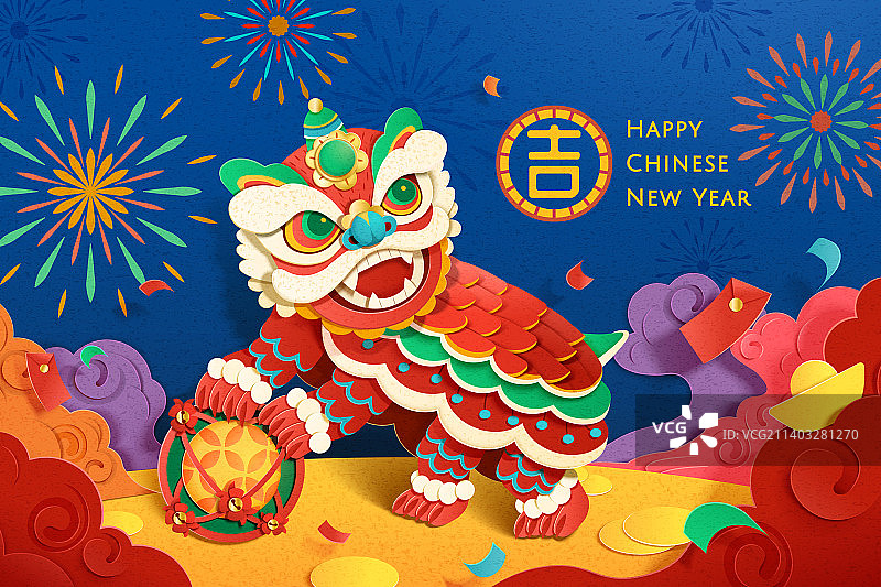 热闹烟火纸艺舞狮新年贺图图片素材