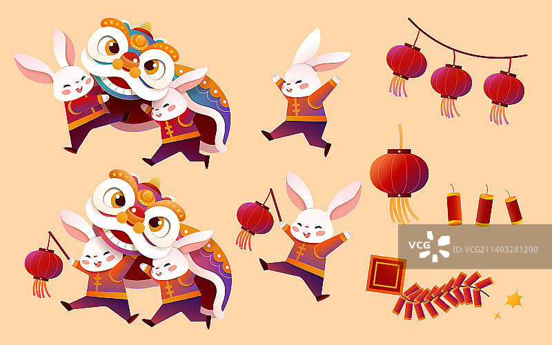 兔子与舞龙舞狮新年素材组合图片素材