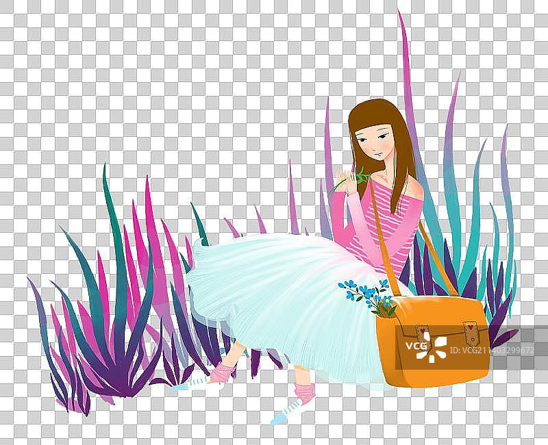 抱着黄色挎包坐在草丛旁边的女人图片素材