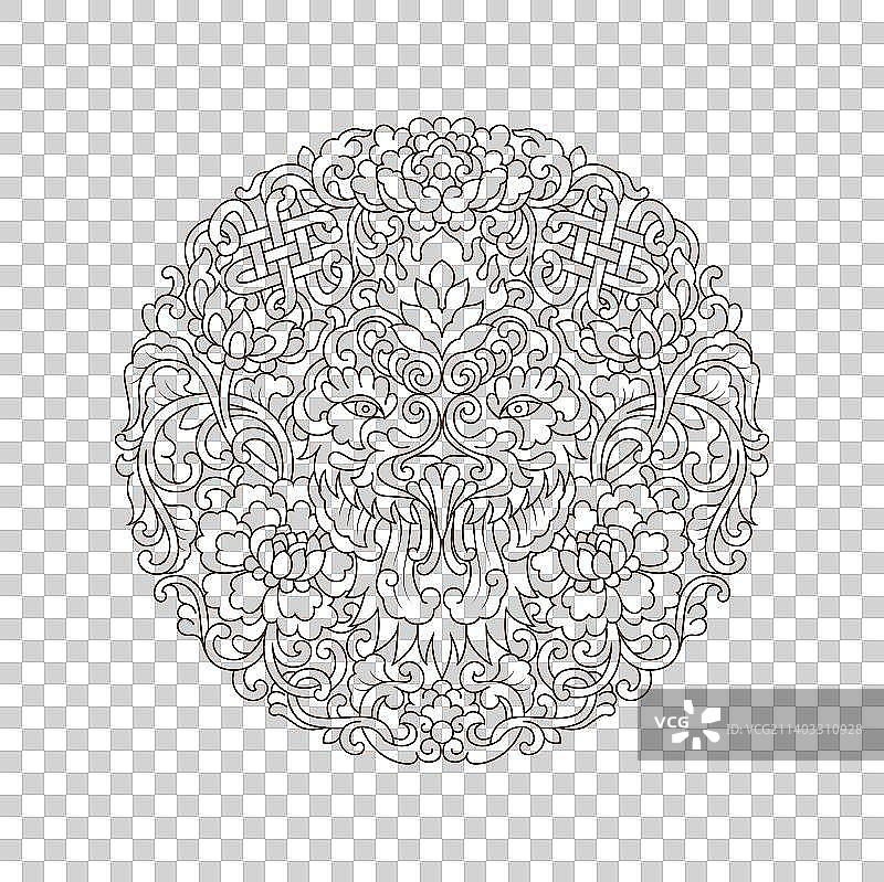 十二生肖圆形花纹之黑白线条鸡图片素材