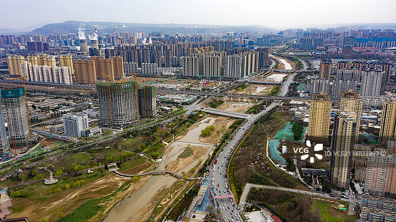 西安浐灞生态区浐河航拍图片素材