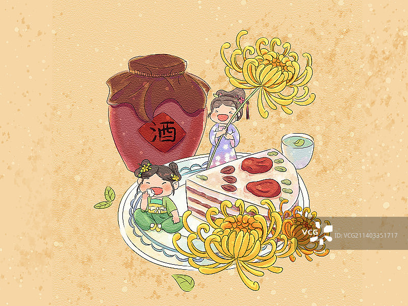 重阳节纸纹理赏菊喝菊花酒插画图片素材