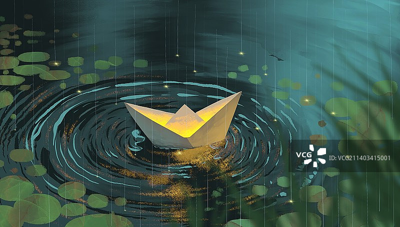 池塘里的折纸船图片素材