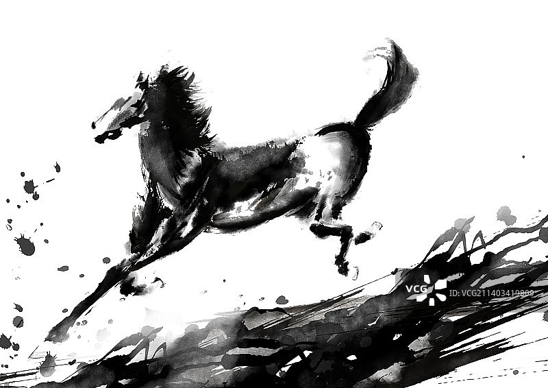 中国水墨风格奔跑的黑马图片图片素材
