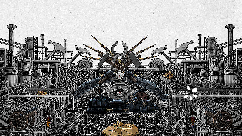 素描日漫科幻蒸汽朋克工厂车间插画图片素材