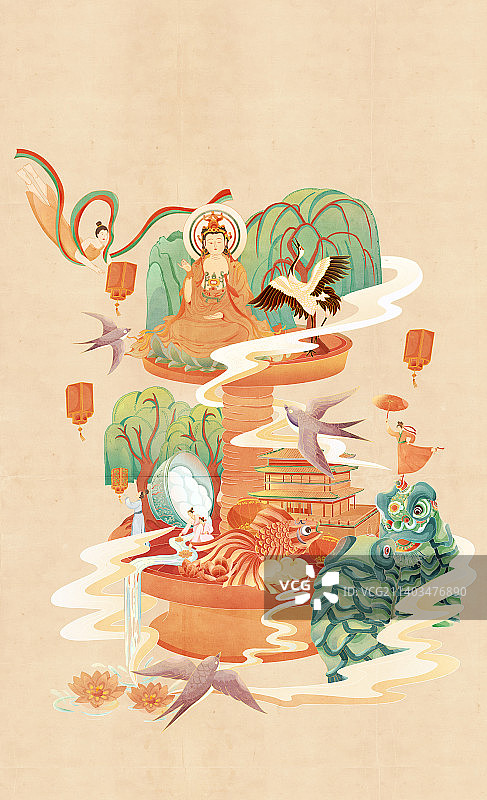 元宵节国风插画舞狮子西安鼓楼汤圆节图片素材