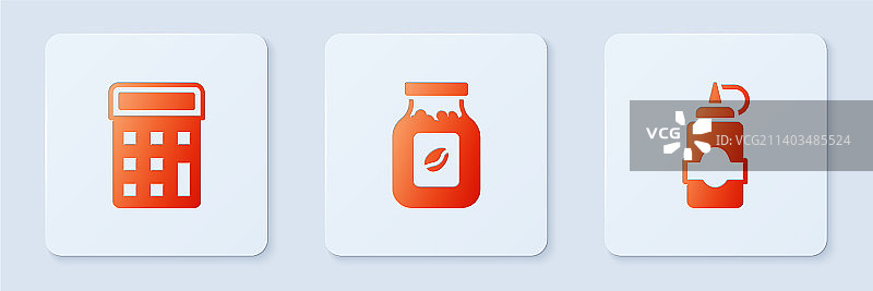 咖啡罐、瓶子、计算器和白色酱汁套装图片素材