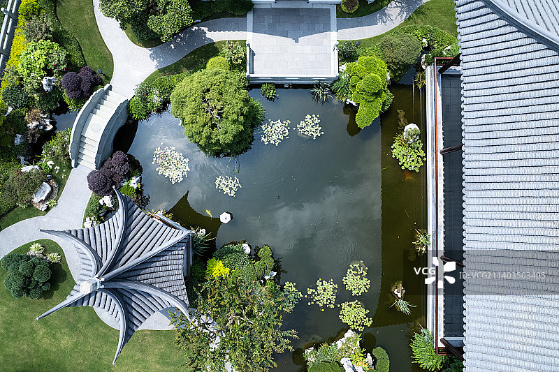 中式合院江南园林别墅园林景观航拍图片素材
