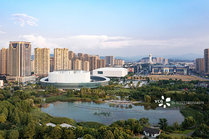 航拍绍兴诸暨城区现代地标建筑图片素材