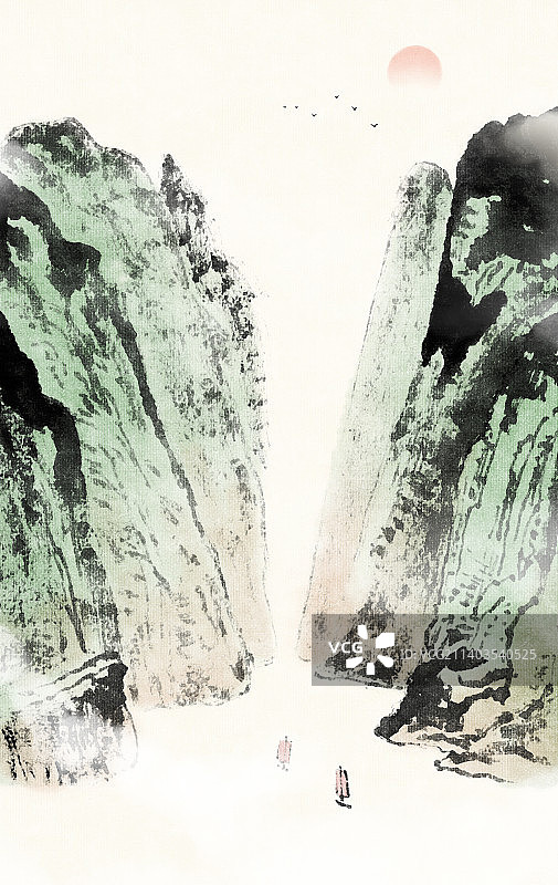 水墨山水大峡谷自然风景插画图片素材