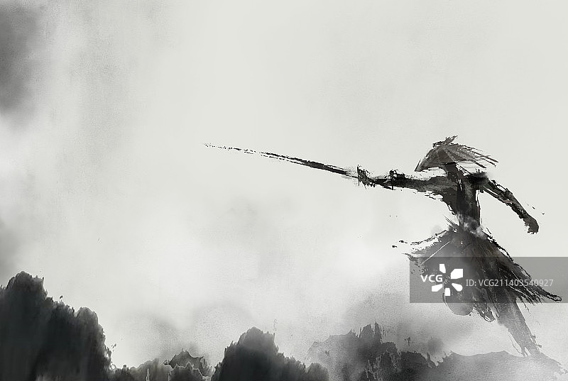 一个剑客在山上练剑的水墨插画图片素材