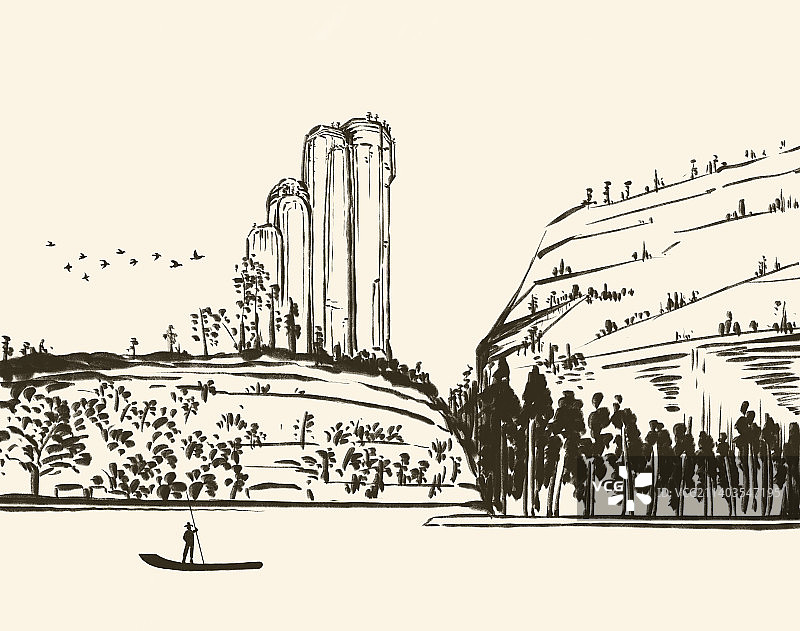 武夷山玉女峰水墨山水画，武夷山九曲竹筏漂流插画图片素材