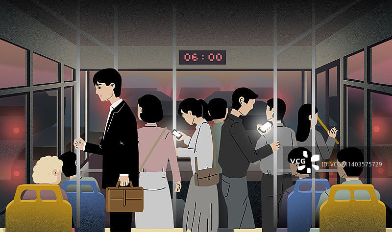 扁平公交早高峰内部插画图片素材