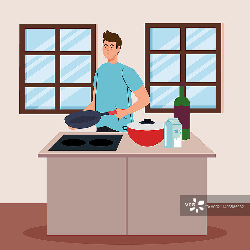 男人用平底锅做饭图片素材