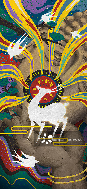 肌理佛教小鹿佛头插画图片素材