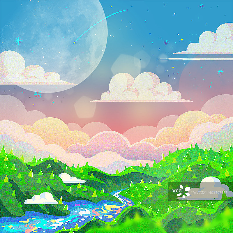 扁平肌理梦幻大自然插画图片素材