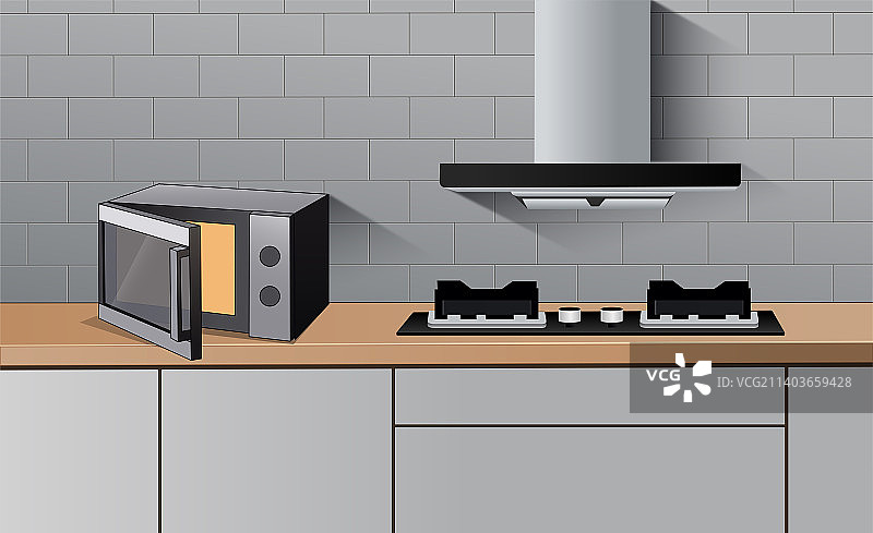 现代室内厨房灶台设有微波炉、抽烟机图片素材