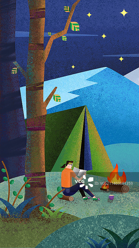 有篝火和帐篷的夜晚露营插画壁纸图片素材