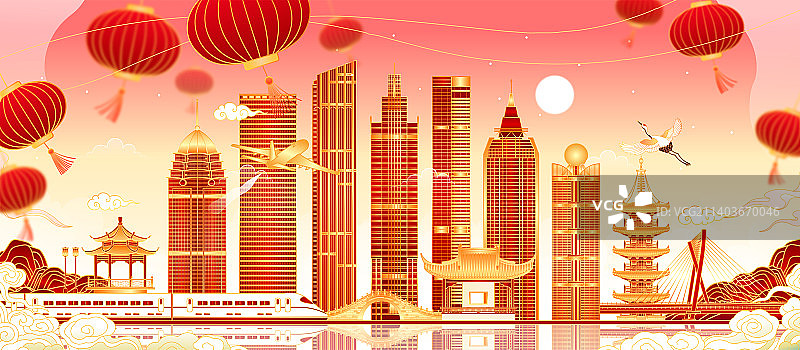 江苏无锡城市天际线建筑插画图片素材