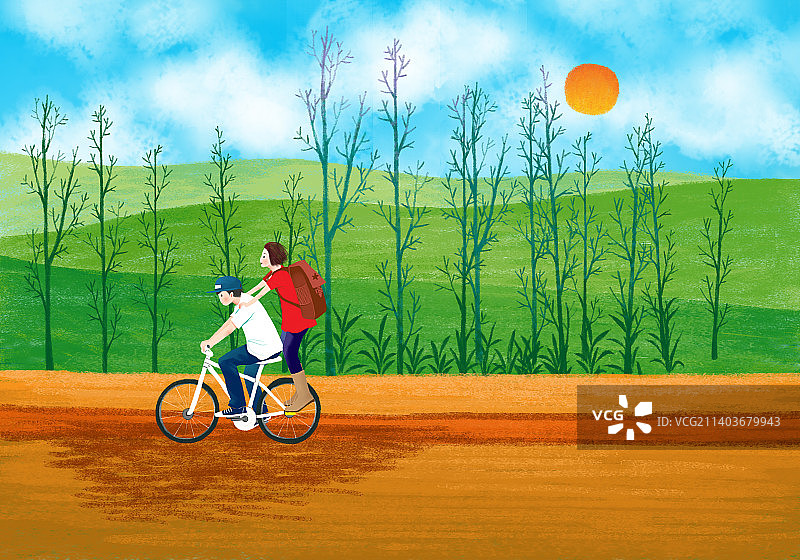 清晨一男一女骑车出去旅游图片素材