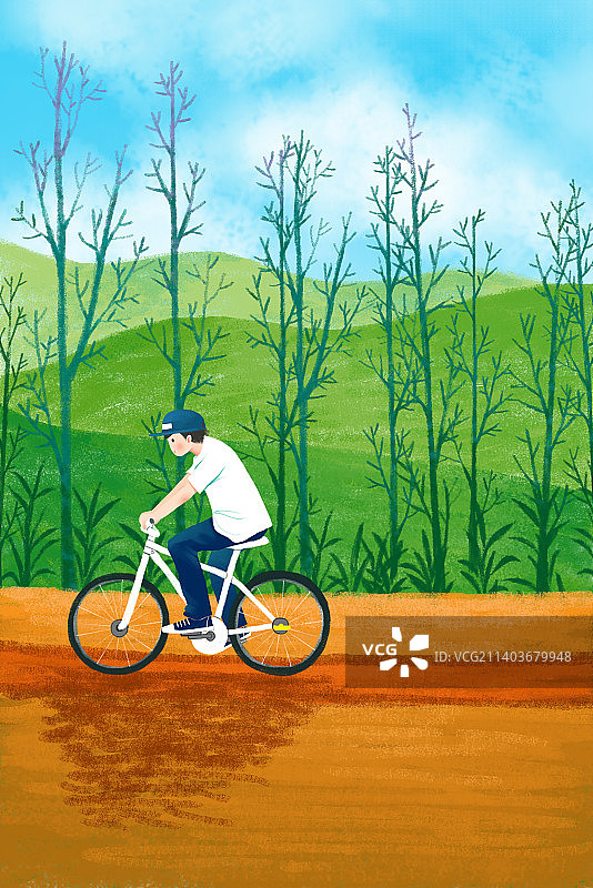 一个男孩骑着车独自外出旅游图片素材