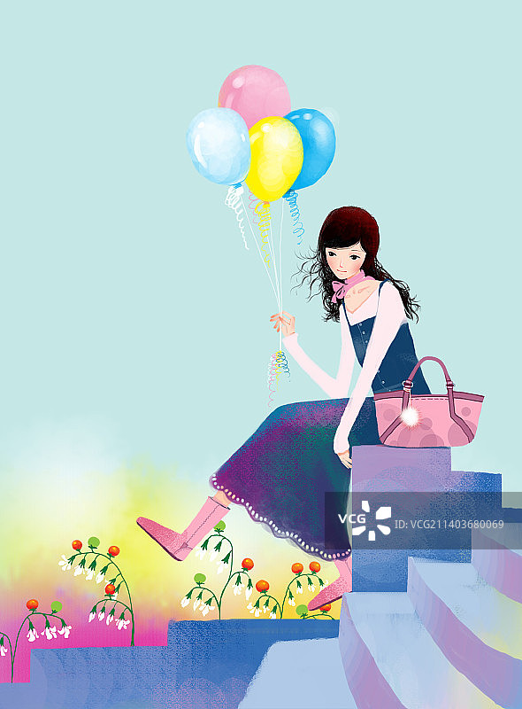 坐在台阶上拿着气球的女人图片素材