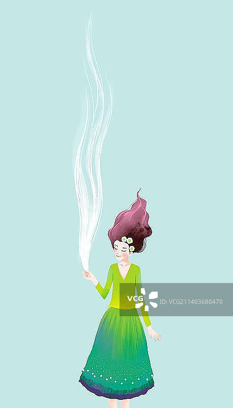 绿色背景下手持求救信号弹的年轻女子图片素材