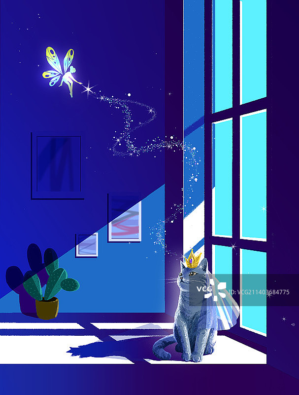 夜色下窗边的猫和魔法精灵图片素材