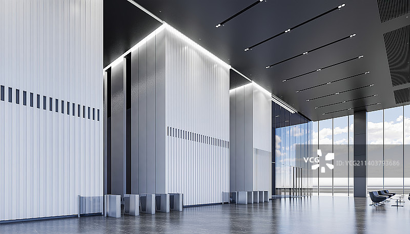 现代建筑写字楼大门 办公大堂 电梯厅和前台 休闲等候区图片素材