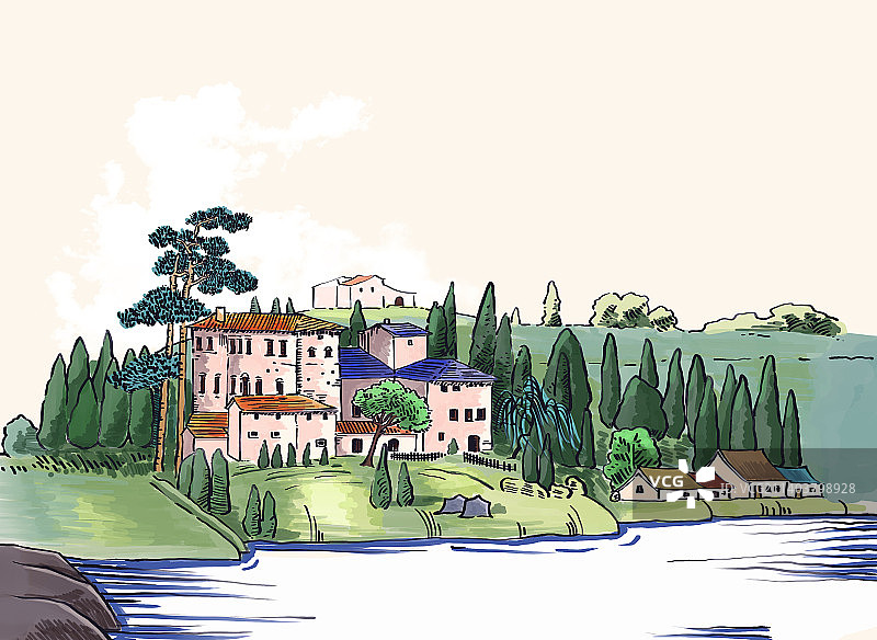 国外庄园钢笔画图片素材