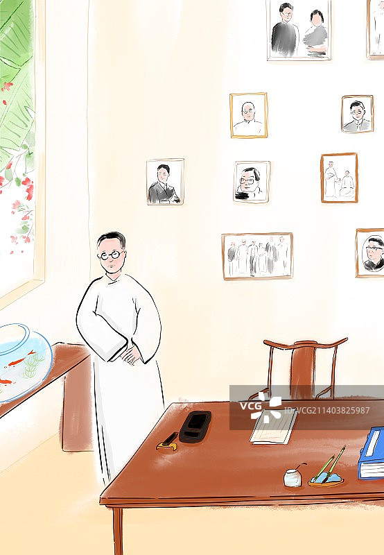 近代文学插画梁实秋散文插画文人书房图片素材