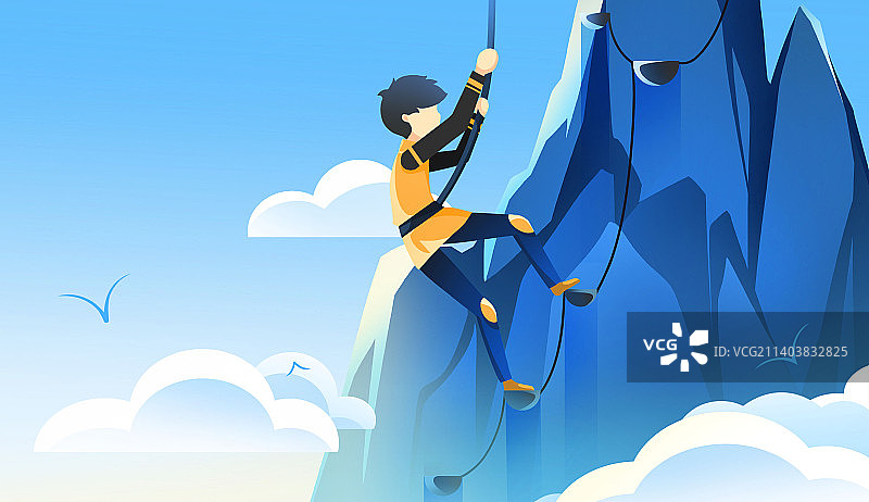 陡峭山壁，向上攀爬的人，蓝色唯美扁平登山者插画图片素材