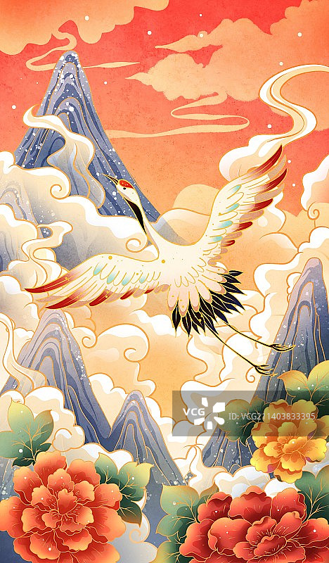 仙鹤牡丹山水国潮插画图片素材