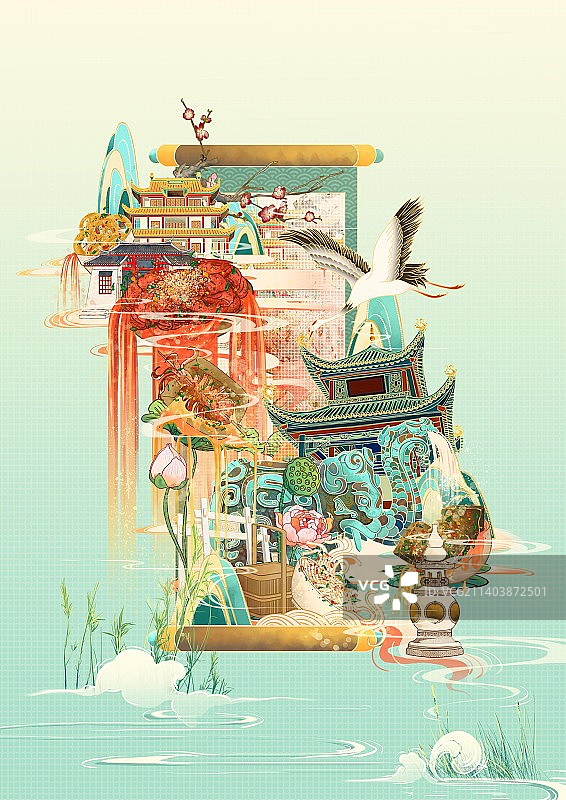长沙国风古建筑地标建筑美食插画图片素材