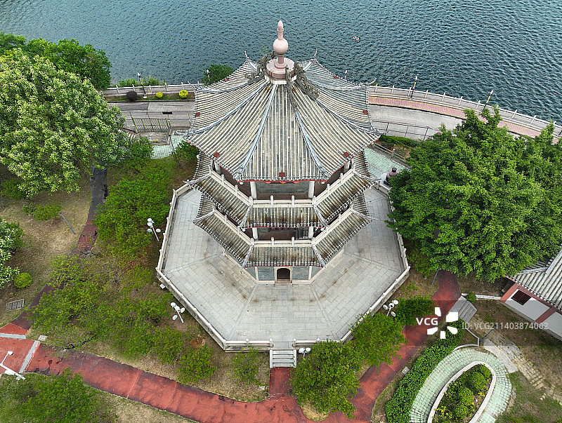 广东省潮州市湘桥区凤凰洲公园奎阁凤凰台航拍图片素材