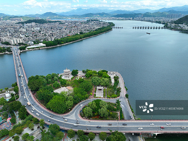 广东省潮州市湘桥区凤凰洲公园奎阁凤凰台航拍图片素材