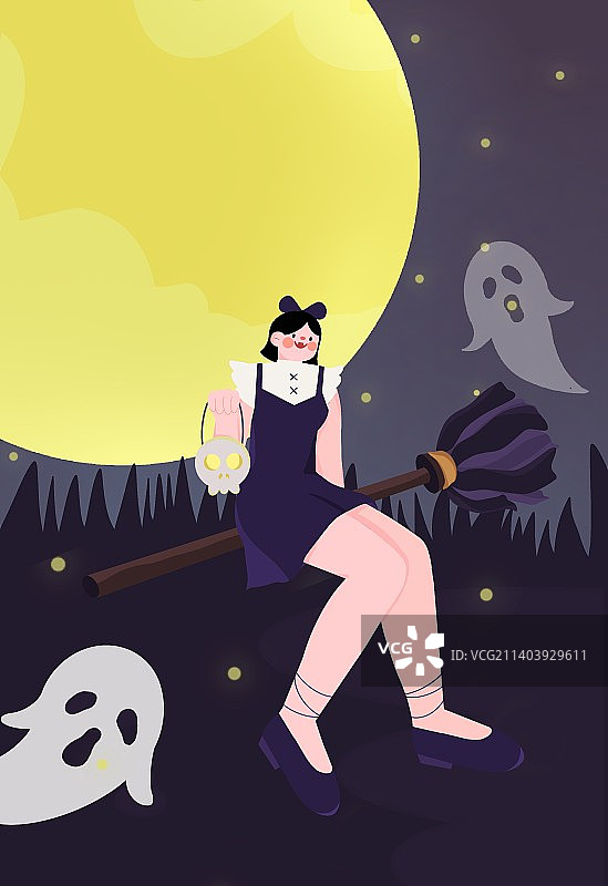 万圣节骑扫把的女孩插画图片素材