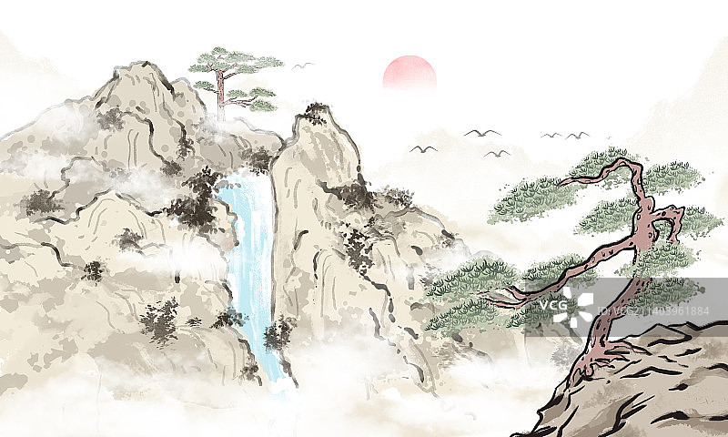 中国传统中国风抽象山水瀑布松树诗意水墨画图片素材
