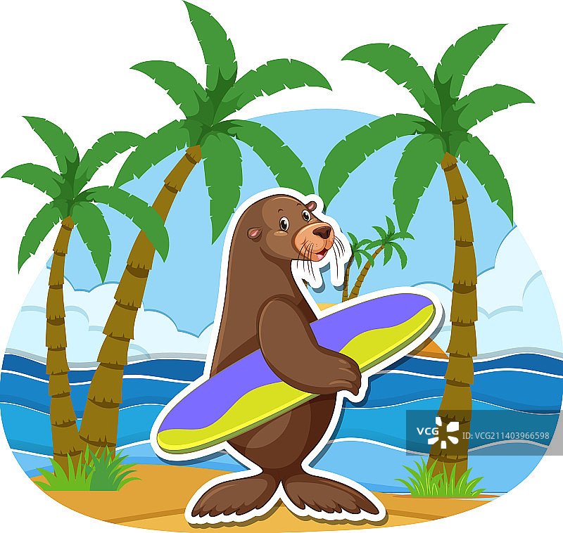 海狮在海滩上拿着冲浪板图片素材