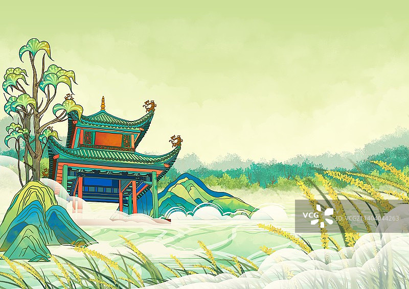 长沙地标古建筑国风插画爱晚亭图片素材