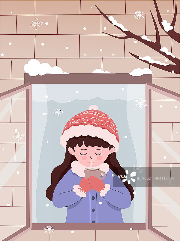 冬天在窗户前喝咖啡的女孩图片素材