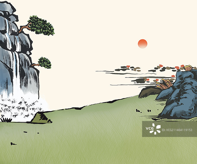 瀑布水墨插画图片素材