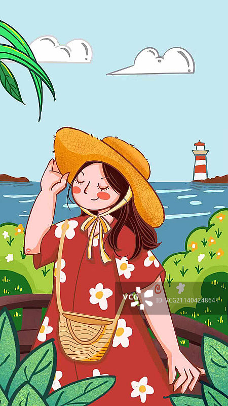 海边度假穿裙子戴草帽的小女孩图片素材